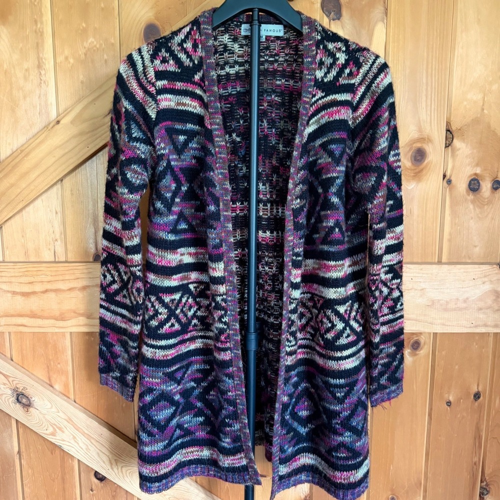 Western Knit Cardigan Womens Medium Black Pink Long Cowgirl Southwest Rustic